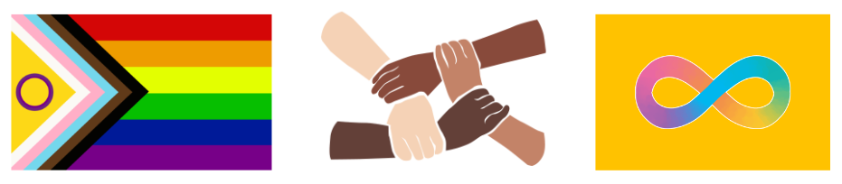 Pride Flag, Autistic Pride Flag and joined hands with a range of skin colours.